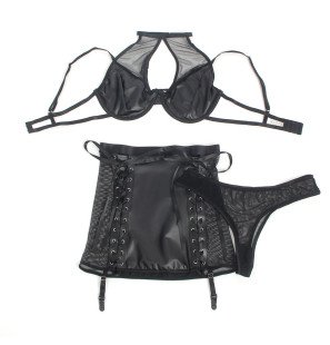 SUBBLIME Black Leather Lingerie Set with Bra and Skirt – image 4