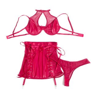 Red leather lingerie set with bra and skirt – image 5