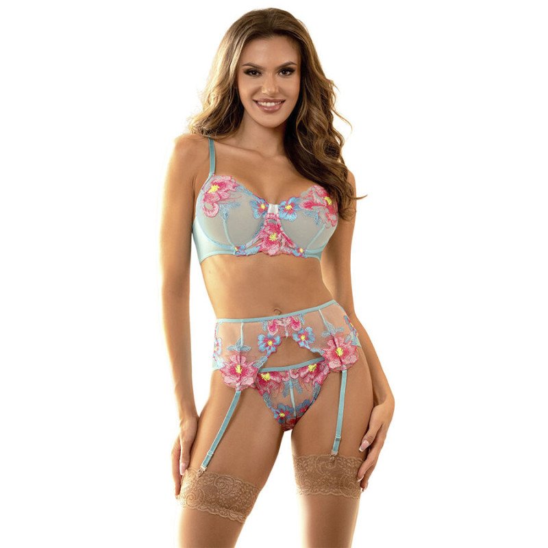 SUBBLIME roze lingerieset met geborduurde bloemen en kousenband – foto 1