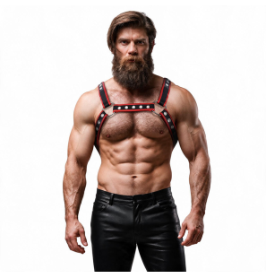 Faux Leather Chest Harness for Men, Black and Red – image 5