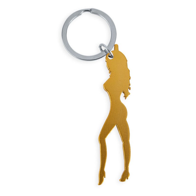 Goldfarbener Schlüsselanhänger mit weiblicher Silhouette und Bieröffner – Bild 1