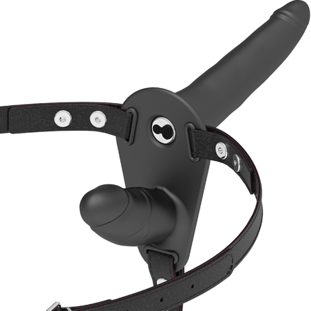 Zwarte vibrator met harnas voor dubbele stimulatie 15 cm – foto 1